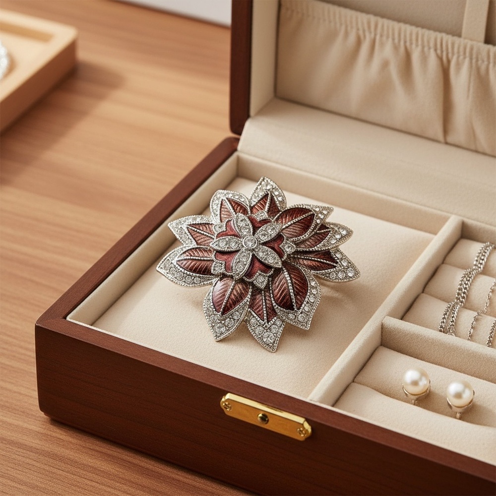 MONET Vintage Bronze/Burgundy Enamel Clear Pave Crystal Poinsettia Flower Brooch